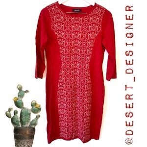 Nine West Red Tan Abstract Sweater Dress size Small